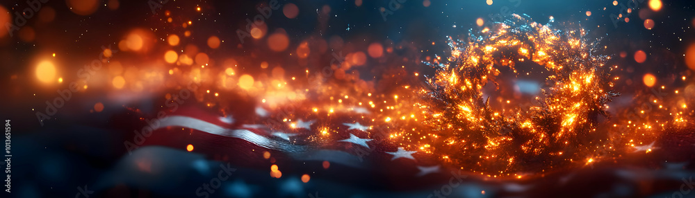 Naklejka premium Veterans Day Tribute: Glowing Abstract Soldier and American Flag - Courageous Digital Art Banner Honoring Veterans in Photo Stock Concept