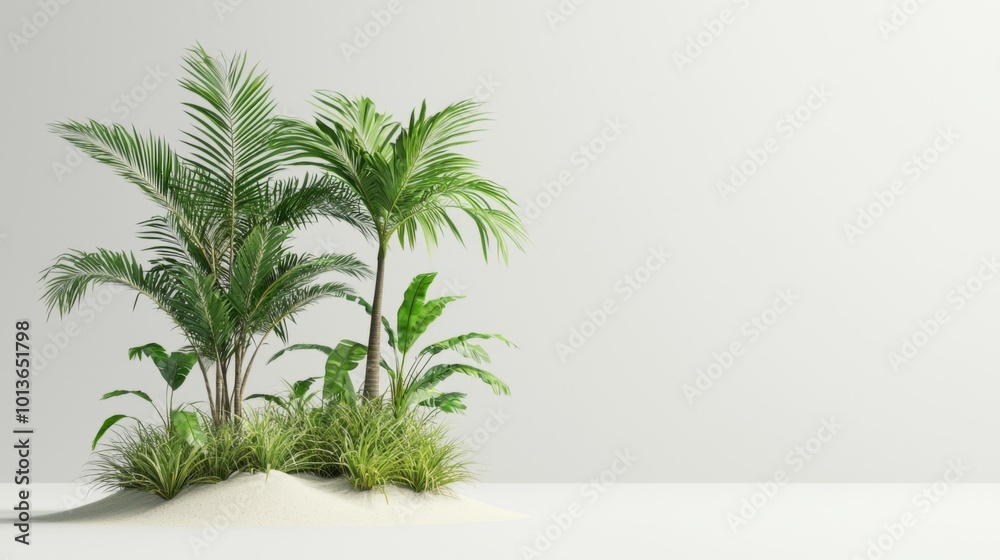 Fototapeta premium Tropical Paradise, 3D depiction of a palm tree with lush green leaves and vibrant grass, embodying summer travel and beach vacation vibes in a serene minimalist setting