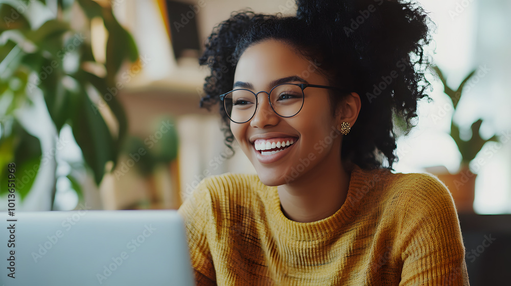 Happy young woman working remotely on a virtual video team meeting call, remote work and flexible culture concept. Inclusive and diverse dei workplace with a blasian african american businesswoman Happy young woman working remotely on a virtual video team meeting call, remote work and flexible culture concept. Inclusive and diverse dei workplace with a blasian african american businesswoman