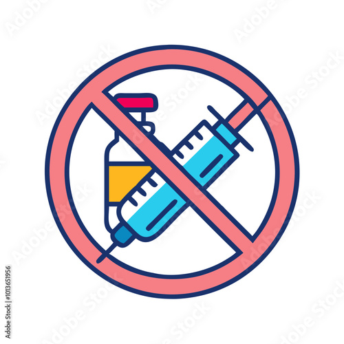 No syringe and vial prohibition icon with red circle.