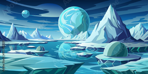 Frozen Exoplanet Landscape with Icy Plains and Jagged Ice Formations
