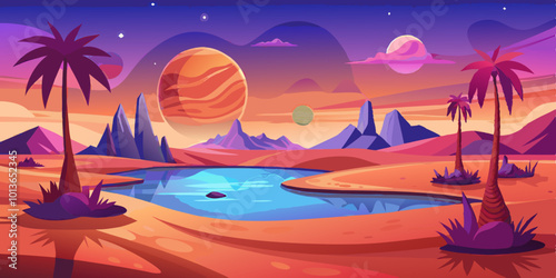 Desert Oasis on Distant Planet, Twin Suns Setting Over Shimmering Water and Palm Trees
