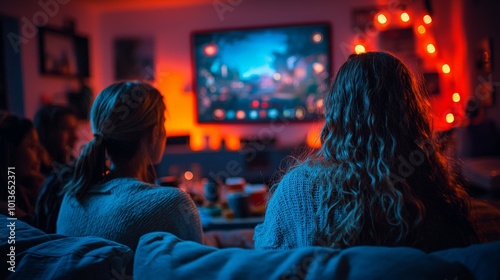 Friends enjoying a movie night in a cozy, warmly lit living room.