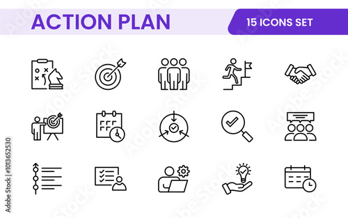 Line icons about action plan. Contains such icons as search strategy, target, scheme, timeline and workflow.Action plan set of web icons in line style. Strategy action planning icons.