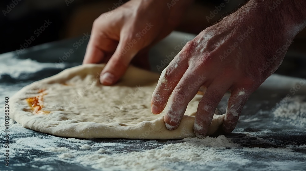 Close-up shots of hands kneading and stretching pizza dough on a floured surface, highlighting the tactile and hands-on nature of the dough preparation process