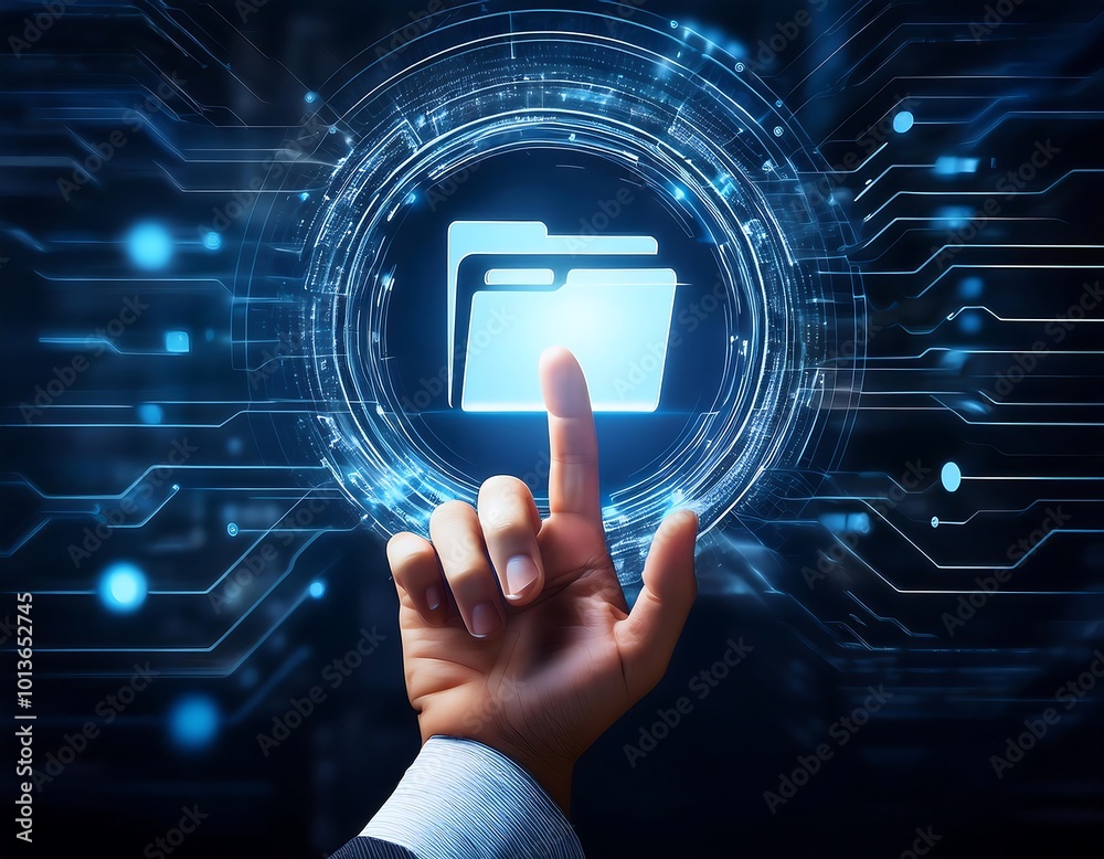 A hand gestures towards a digital file, representing the powerful way we access and share information in the modern world A hand gestures towards a digital file, representing the powerful way we access and share information in the modern world