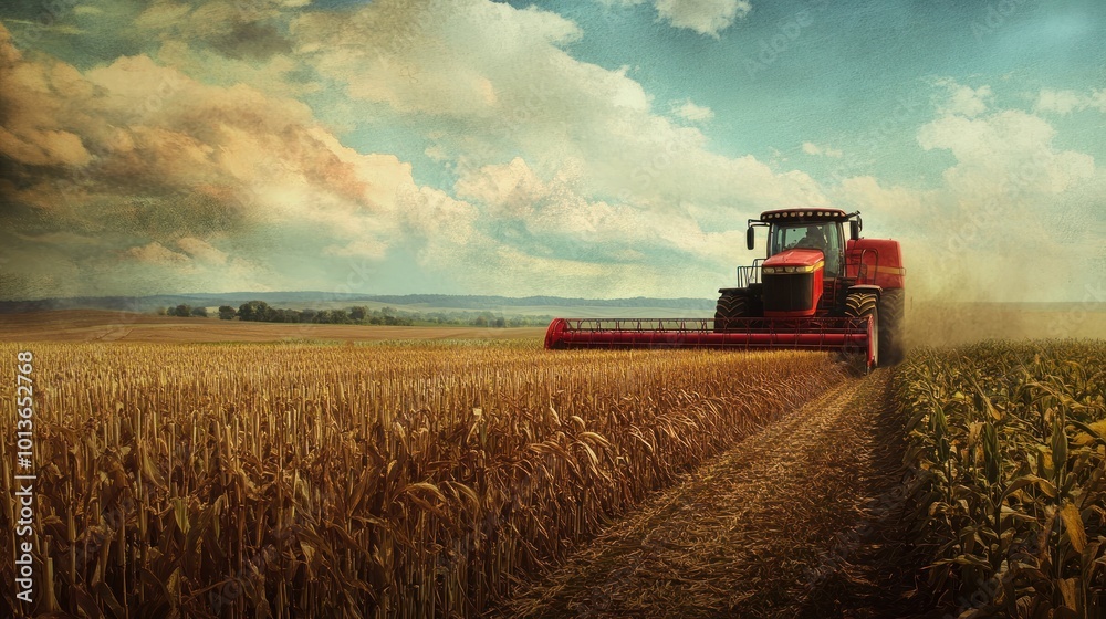 Fototapeta premium Red Tractor Harvesting Corn in a Field Under a Cloudy Sky