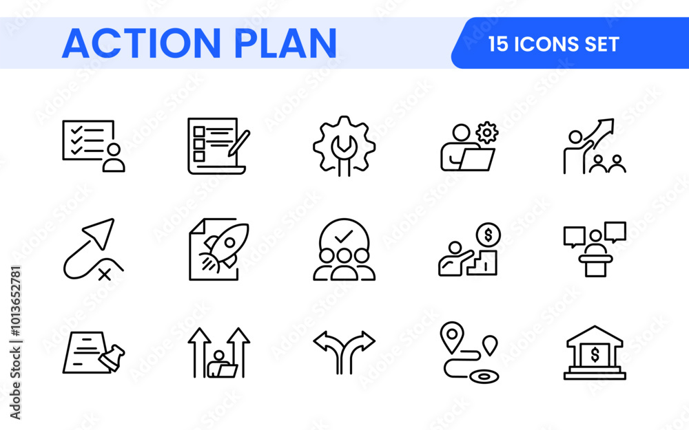 Line icons about action plan. Contains such icons as search strategy, target, scheme, timeline and workflow.Action plan set of web icons in line style. Strategy action planning icons.