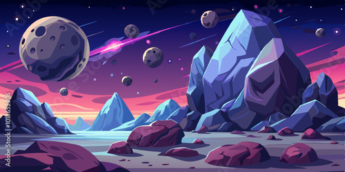 A landscape of an asteroid field, with massive rocks drifting through space against a starry backdrop.
