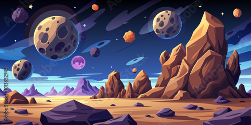 A landscape of an asteroid field, with massive rocks drifting through space against a starry backdrop.
