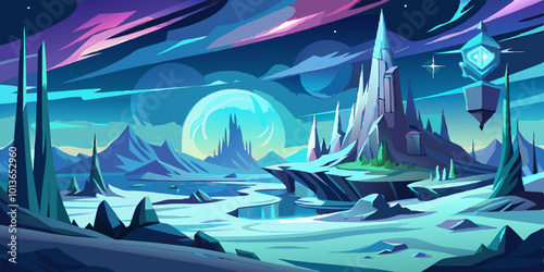 Sci-Fi Tundra Landscape with Icy Plains and Glowing Auroras
