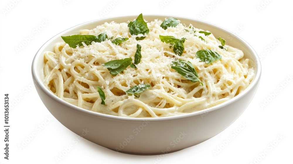 A bowl of creamy pasta with basil and parmesan shavings, set against a white background to highlight the textures and colors of the dish. A bowl of creamy pasta with basil and parmesan shavings, set against a white background to highlight the textures and colors of the dish.