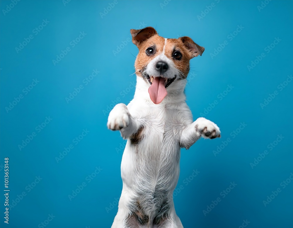 A joyful Jack Russell Terrier stands on its hind legs, tongue out, against a bright blue background, radiating playful energy and a love for life. A joyful Jack Russell Terrier stands on its hind legs, tongue out, against a bright blue background, radiating playful energy and a love for life.