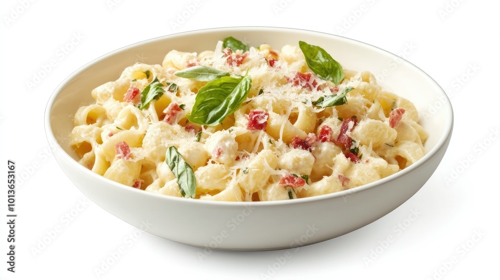 A bowl of creamy pasta with basil and parmesan shavings, set against a white background to highlight the textures and colors of the dish. A bowl of creamy pasta with basil and parmesan shavings, set against a white background to highlight the textures and colors of the dish.