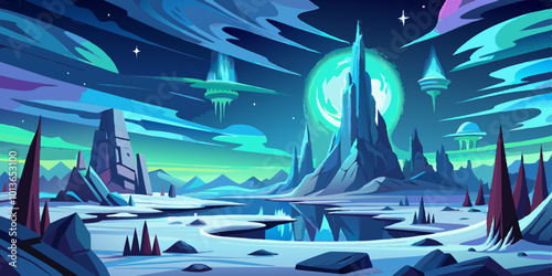 Sci-Fi Tundra Landscape with Icy Plains and Glowing Auroras
