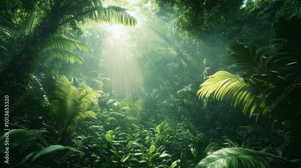 Fototapeta premium Vibrant jungle scene teeming with exotic wildlife, intricate vine patterns, lush greenery, and beams of sunlight creating a psychedelic atmosphere