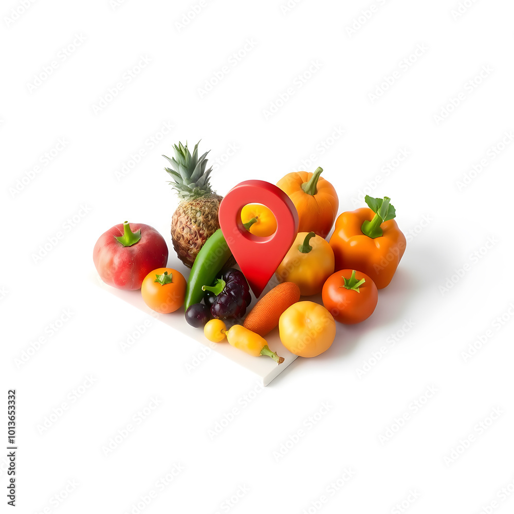 Fruits and vegetables in the form of a 3D location icon on white background. Generative AI Fruits and vegetables in the form of a 3D location icon on white background. Generative AI