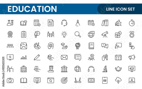 Education line icons collection. Big UI icon set in a flat design. Thin outline icons pack. Thin line icons set of academic subjects and education. Outline symbol collection.