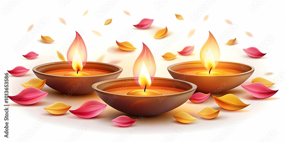 Glowing Diwali candles paired with abstract floating petals isolated on a white background concept as A minimalist abstract vector featuring glowing Diwali candles with floating petals isolated on a w Glowing Diwali candles paired with abstract floating petals isolated on a white background concept as A minimalist abstract vector featuring glowing Diwali candles with floating petals isolated on a w