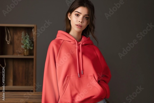 Young woman wears vibrant red cropped hoodie with black drawstring. Stands against gray backdrop with wooden shelf in background. Direct gaze engages viewer. Red hoodie stands out against neutral