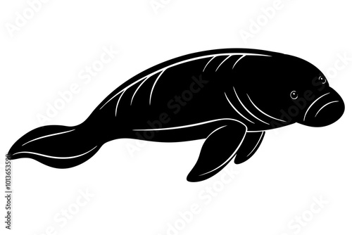  Dugong Rounded Aquatic Mammal with Flippers Floating Silhouette Vector Illustration