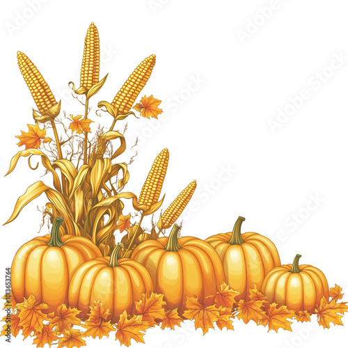 Five pumpkins, some larger than others, are grouped together on the ground with corn stalks, leaves, and husks.
