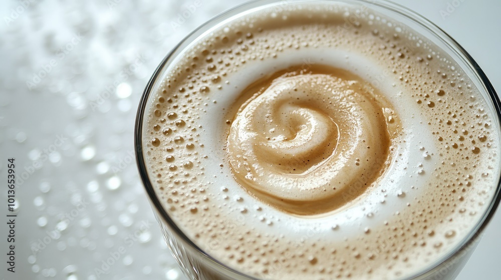 A clear cup of iced latte with a swirl of coffee and milk, condensation droplets on the glass, against a white background. A clear cup of iced latte with a swirl of coffee and milk, condensation droplets on the glass, against a white background.
