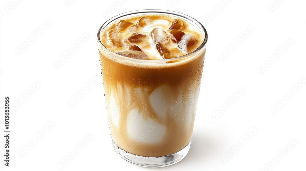 A clear cup of iced latte with a swirl of coffee and milk, condensation droplets on the glass, against a white background. A clear cup of iced latte with a swirl of coffee and milk, condensation droplets on the glass, against a white background.