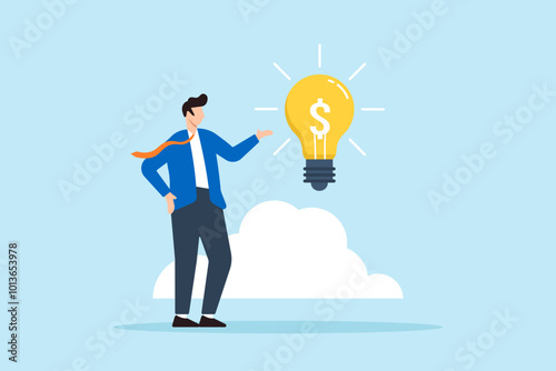 Flat illustration of businessman presents money idea under lightbulb during entrepreneurship funding venture capital meeting