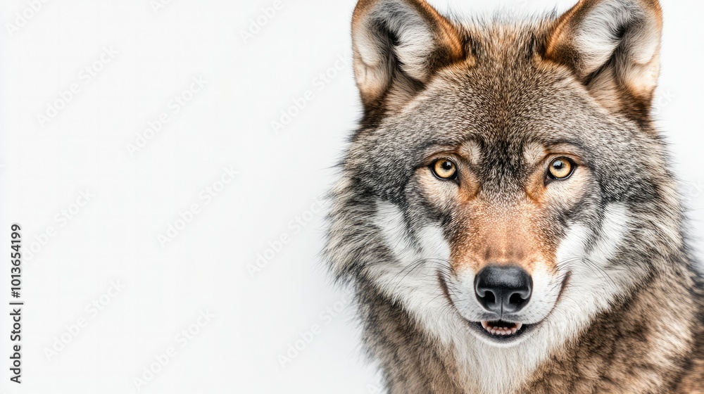 A close-up of a wolf face, showing its sharp teeth and intense gaze, on a clean white background, perfect for wildlife and nature themes. A close-up of a wolf face, showing its sharp teeth and intense gaze, on a clean white background, perfect for wildlife and nature themes.