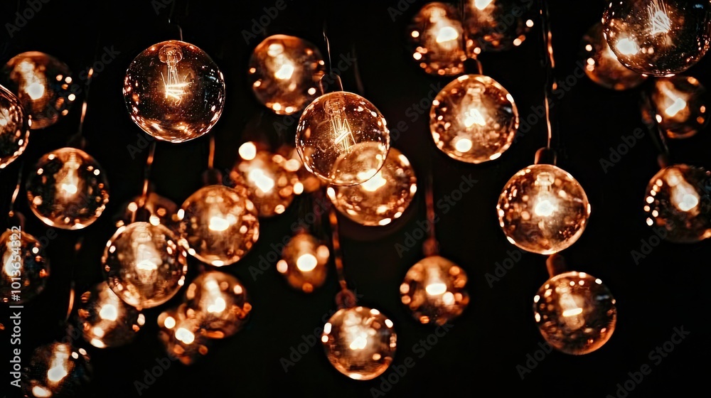 A Cluster of Warmly Lit, Copper-Toned Light Bulbs Hanging in the Dark A Cluster of Warmly Lit, Copper-Toned Light Bulbs Hanging in the Dark