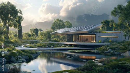 Modern Sustainable Home with Solar Panels and Pond in a Lush Green Landscape