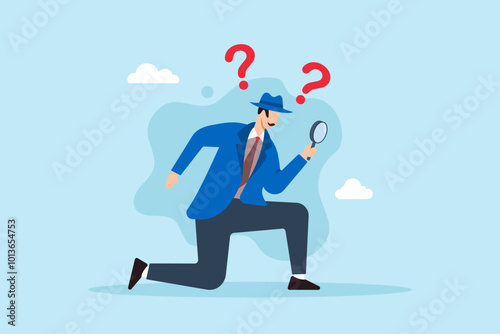 Flat illustration of businessman detective looks through magnifying glass with question marks searching for facts and solutions
