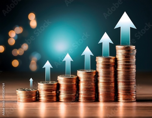 Stacked coins with upward arrows indicate the potential for economic growth and a brighter future