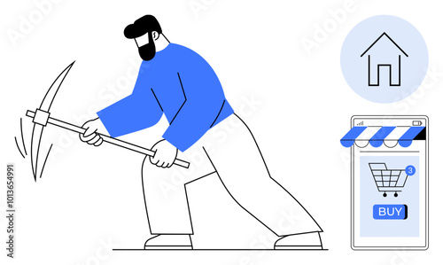 Person using a pickaxe with a house icon and a smartphone displaying a shopping cart and buy button. Ideal for technology, e-commerce, online shopping, real estate, digital economy. Minimalist vector