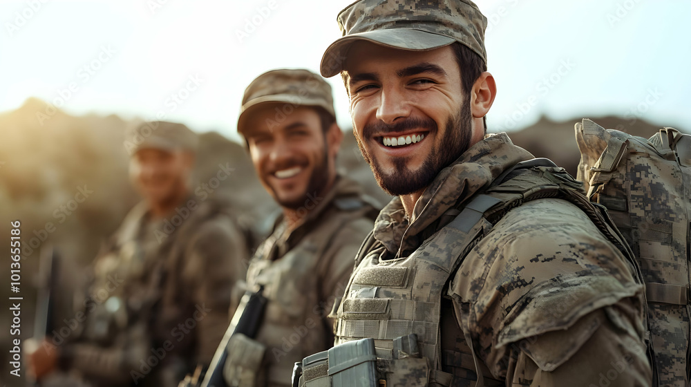 3D Soldier laughing with comrades during a candid moment concept as A heartwarming candid photo capturing a soldier sharing a laugh with comrades set against a backdrop of military equipment. The imag 3D Soldier laughing with comrades during a candid moment concept as A heartwarming candid photo capturing a soldier sharing a laugh with comrades set against a backdrop of military equipment. The imag