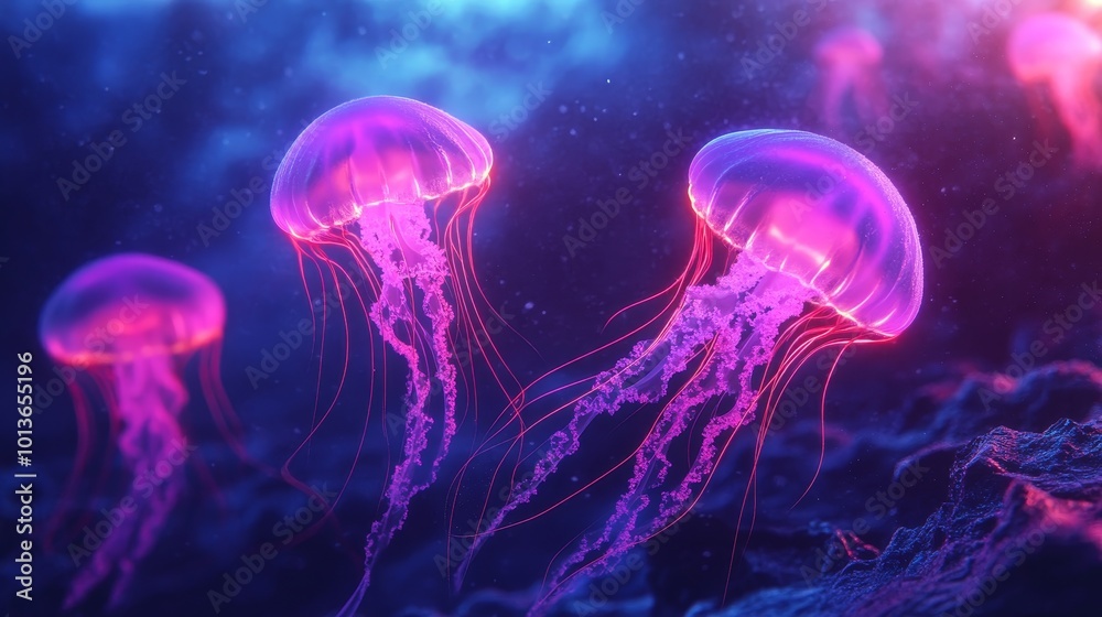 Obraz premium Ethereal Underwater Dreamscape, vibrant jellyfish illuminate the depths, contrasting with a turbulent surface, a mesmerizing blend of fantasy and fluidity