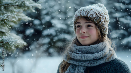 girl with scarf in snowy forest, enjoying winter atmosphere