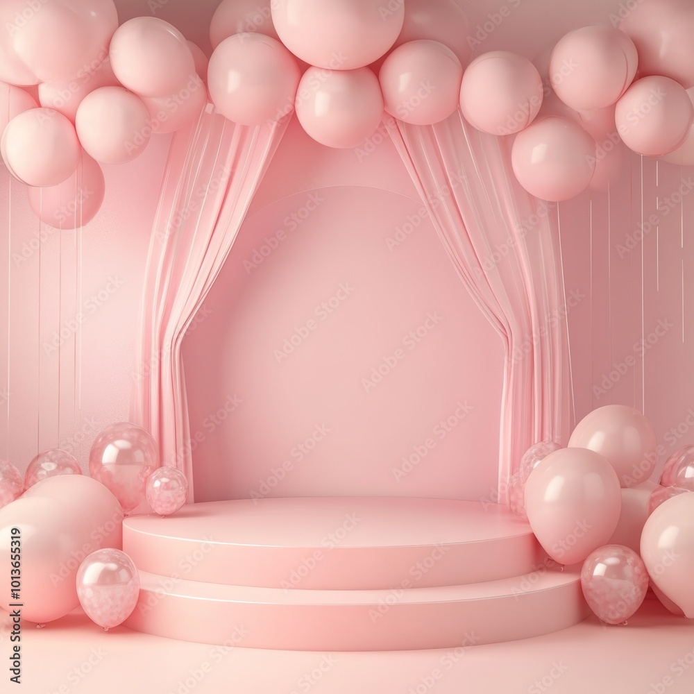 Abstract background with pastel pink podium and pink balloons. Vector illustration. Abstract background with pastel pink podium and pink balloons. Vector illustration.