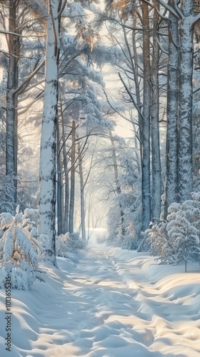 Enchanted forest blanketed in pristine snow, 4K hyperrealistic photo