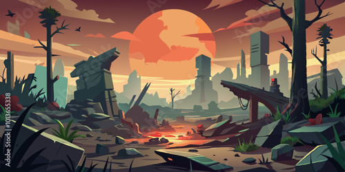Post-Apocalyptic Landscape with Alien Vegetation and a Dying Sun
