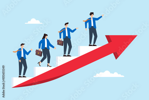 Flat illustration of business people step up rising growth arrow symbolizing sustainable business success