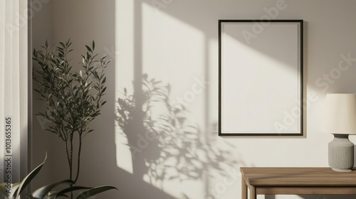 A framed poster white mockup on a blank wall, perfect for displaying artwork or branding designs in a minimalist interior.