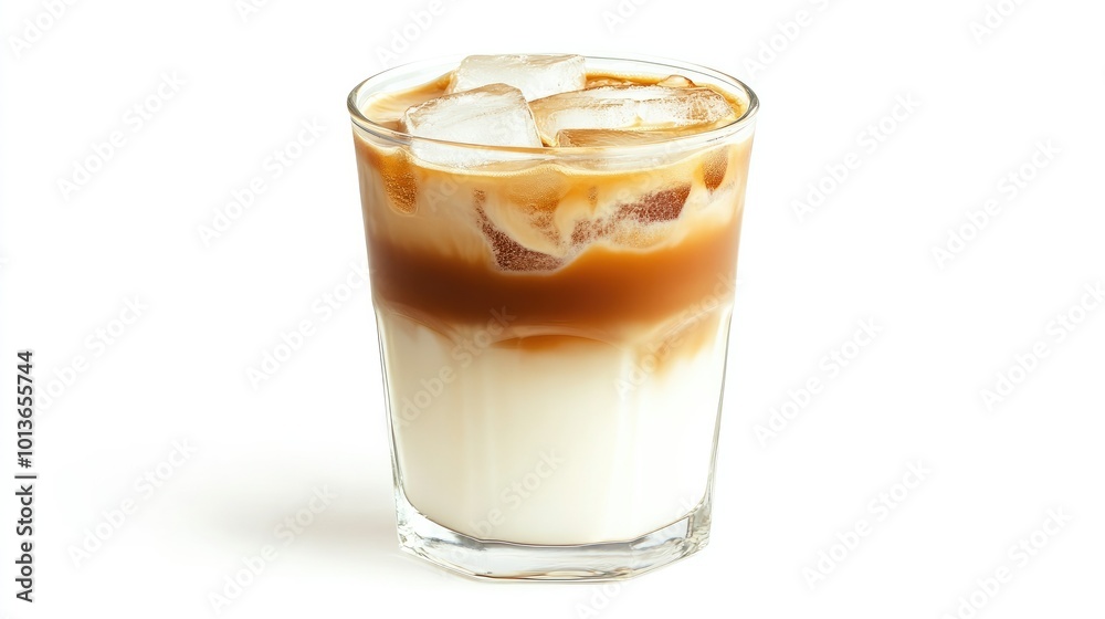 A glass of iced latte with visible layers of espresso and milk, topped with ice cubes, isolated on a white background. A glass of iced latte with visible layers of espresso and milk, topped with ice cubes, isolated on a white background.