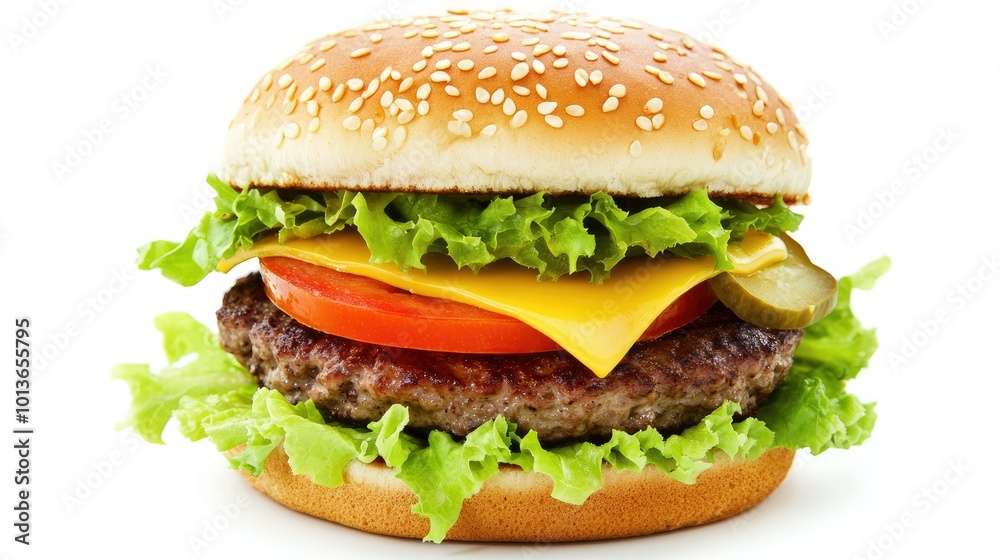 A gourmet burger with lettuce, tomato, and cheese, stacked high and centered on a white background, highlighting fresh ingredients. A gourmet burger with lettuce, tomato, and cheese, stacked high and centered on a white background, highlighting fresh ingredients.