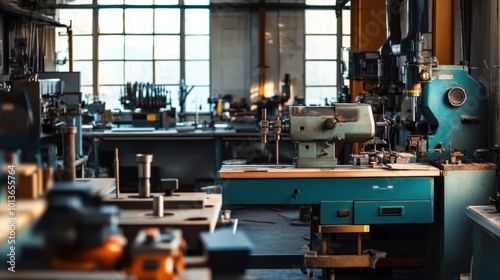 A workshop filled with various pieces of industrial machinery and equipment used for precision engineering.