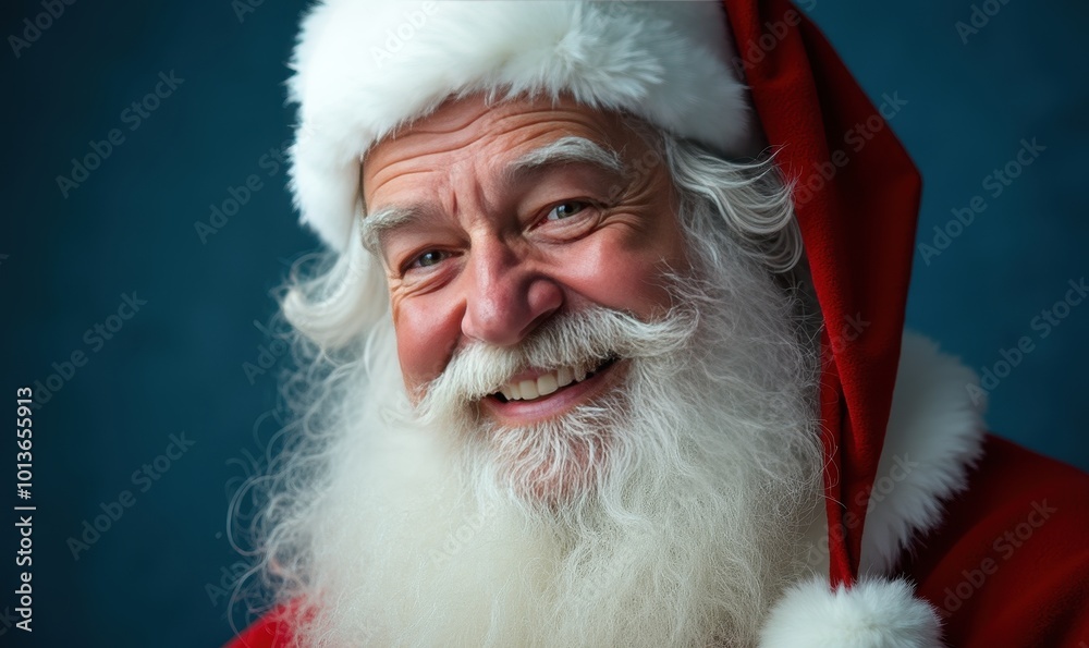 Santa Claus cheerful expression close-up on a deep blue background ideal for festive Christmas discount advertisements and seasonal sale posters Watercolor style. Santa Claus cheerful expression close-up on a deep blue background ideal for festive Christmas discount advertisements and seasonal sale posters Watercolor style.