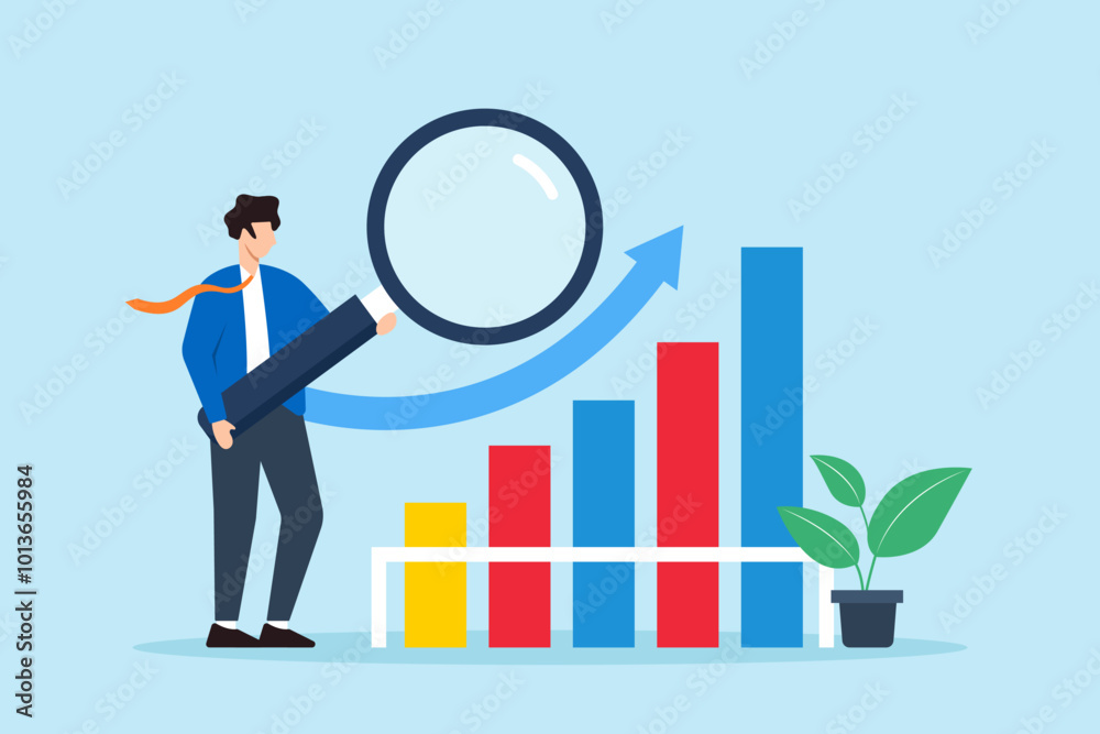 Flat illustration of businessman magnifies benchmark metric graph evaluating key performance indicators Flat illustration of businessman magnifies benchmark metric graph evaluating key performance indicators