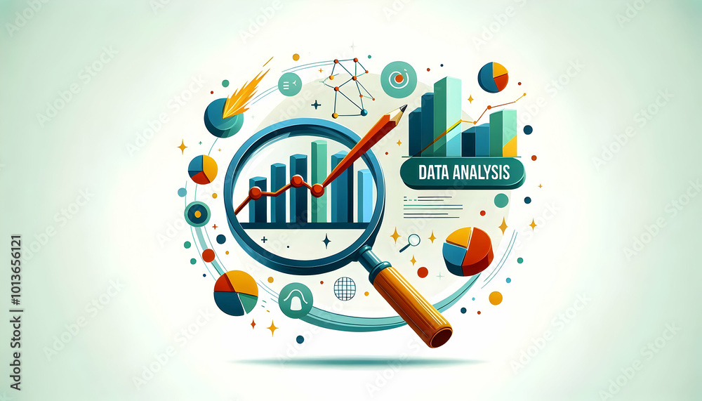 Fototapeta premium Flat Floating Graph with Magnifying Glass - Market Analysis Concept | Vector Design for Detailed Financial Examination