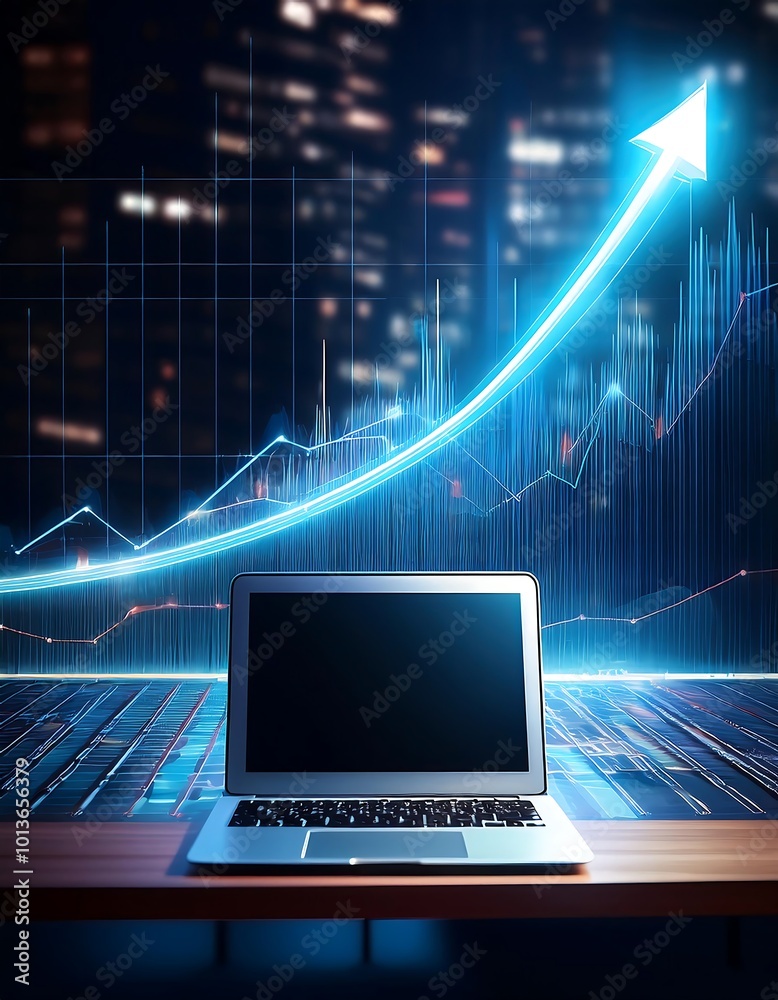 This image emphasizes the dynamic and ever-evolving nature of business in the digital age, illustrated by an upward trending line and a working laptop. This image emphasizes the dynamic and ever-evolving nature of business in the digital age, illustrated by an upward trending line and a working laptop.